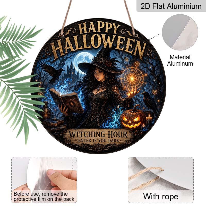 Happy Halloween Witching Hour Witch Crow Pumpkin Metal Wall Art 7.87x7.87 / 11.81x11.81 Inch Round Aluminum Sign for Home Garden Halloween Wall Decor