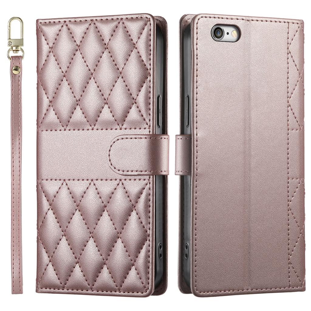 For iPhone 16e Case Rhombus Stitching Wallet Stand Leather Phone Cover with Long/Short Strap