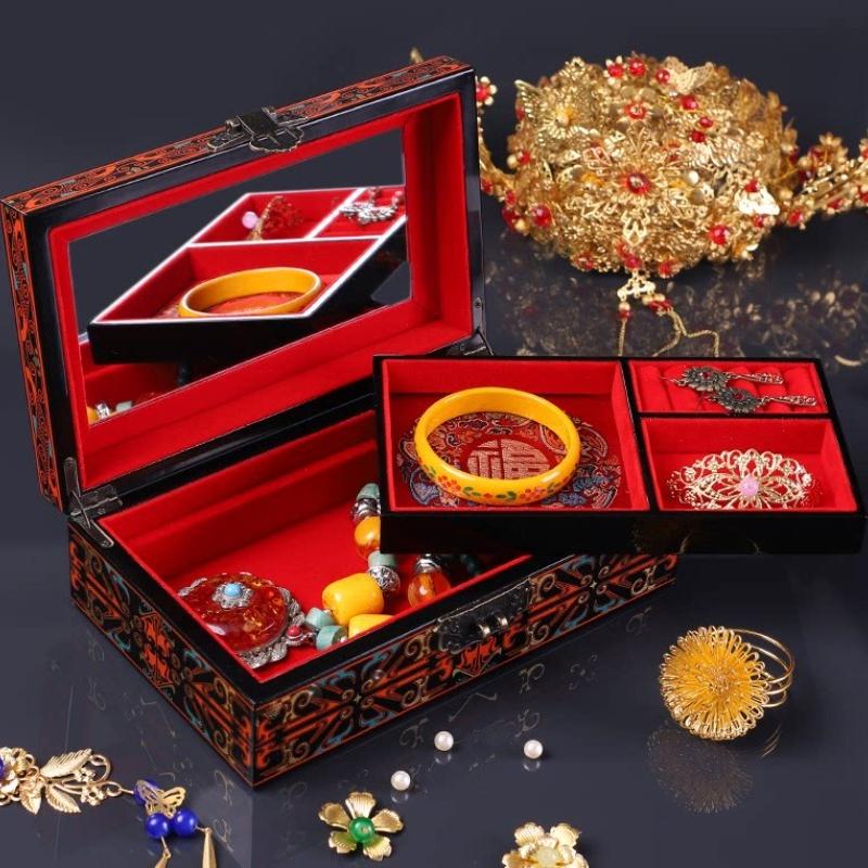 Vintage Chinese Lacquer Jewelry Box Han Pattern Classical Wooden Gift Box Luxury Storage