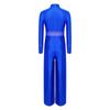 Kids Stage Performance Leotard Mock Neck Long Sleeve Sequins Rhinestone Mesh Patchwork Back Zip Split Wide Leg Jumpsuit for Lyrical Dance