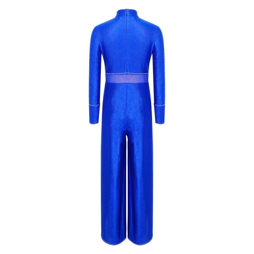 Kids Stage Performance Leotard Mock Neck Long Sleeve Sequins Rhinestone Mesh Patchwork Back Zip Split Wide Leg Jumpsuit for Lyrical Dance