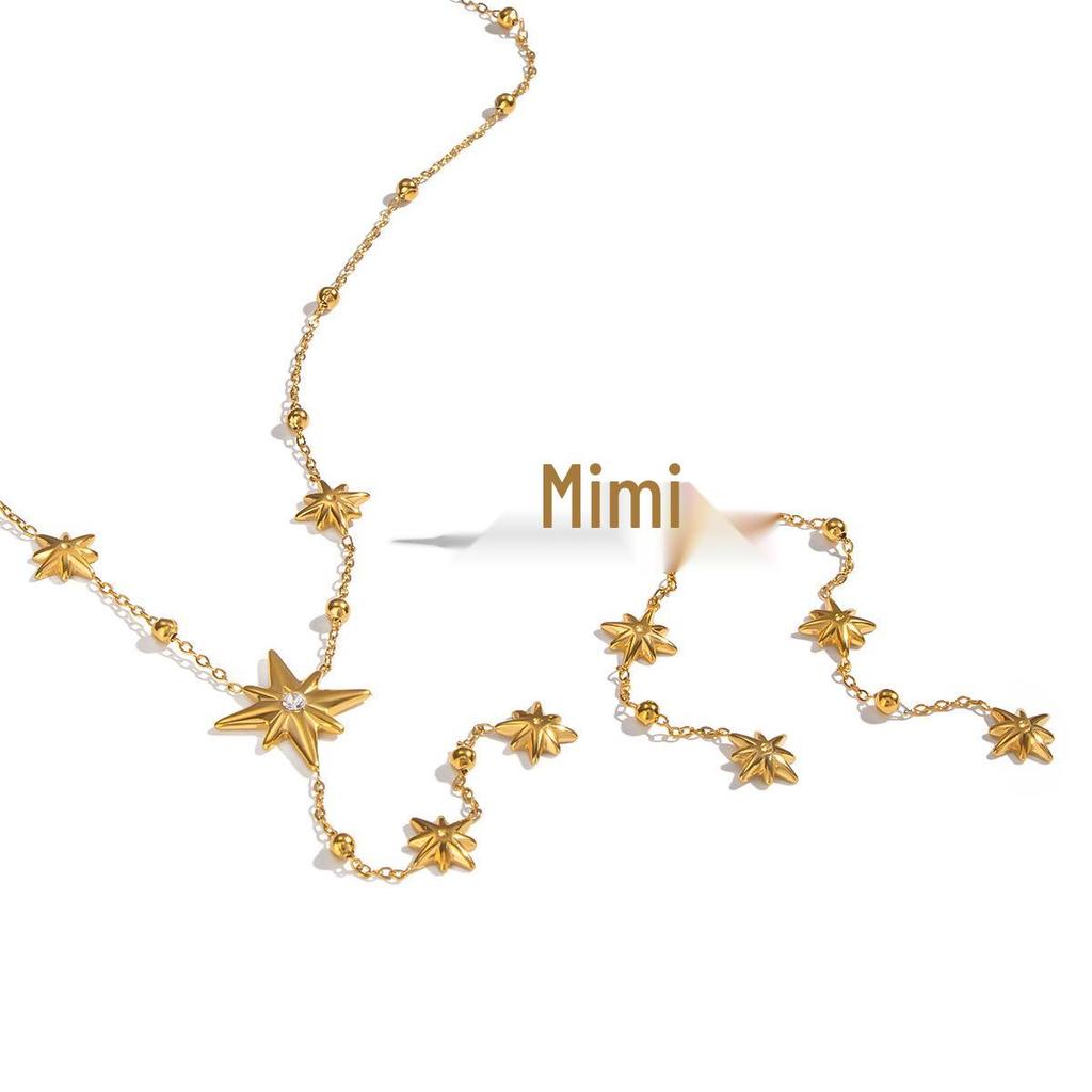 Collier Y-Chain à pampilles étoile à huit branches élégante Xia Ling, Acier inoxydable, Plaqué or 18 carats, Bijou polyvalent pour femmes