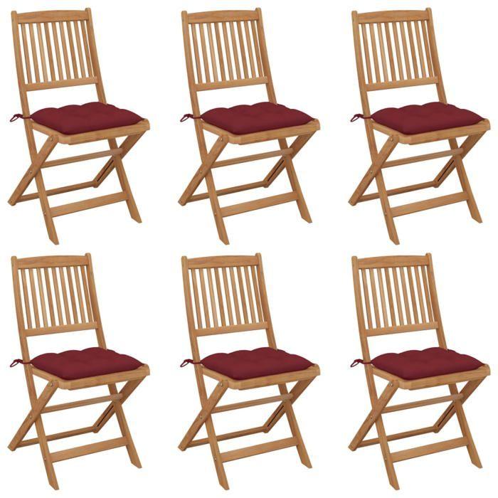 Chaise pliable de jardin - Maison Exclusive - Lot de 6 - Bois d'acacia massif - Coussins rouge bordeaux