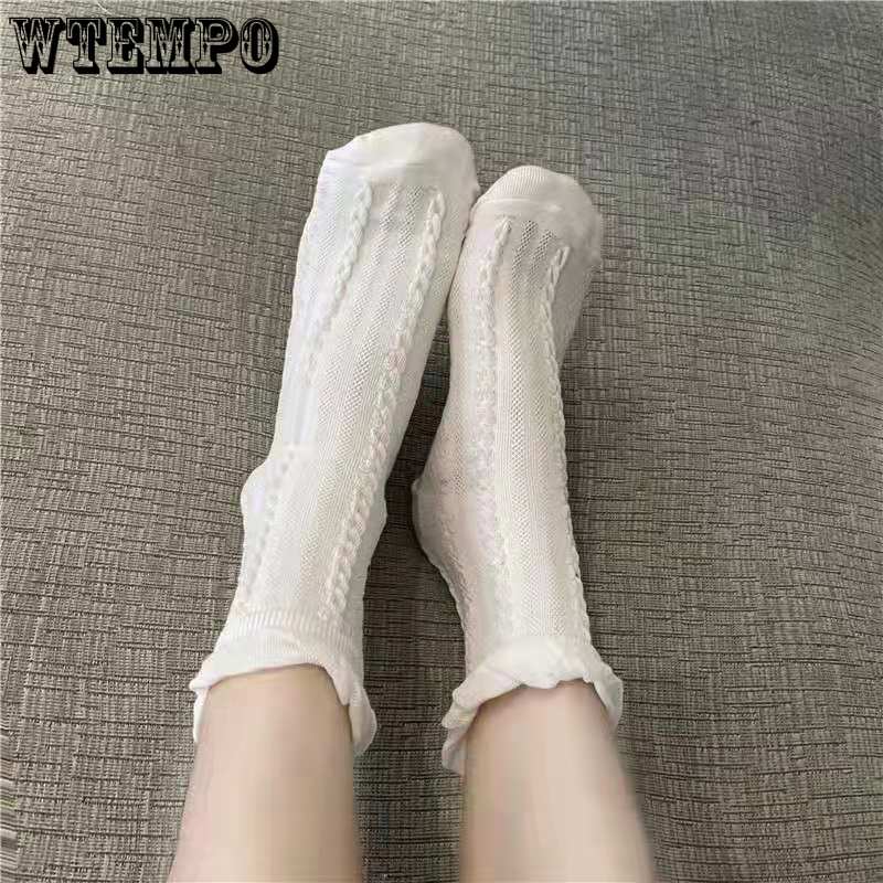 White Jk Socks Lolita Women Socks Mid-calf Thin Bubble Mouth Cute Japanese Uniform Lace Short Socks