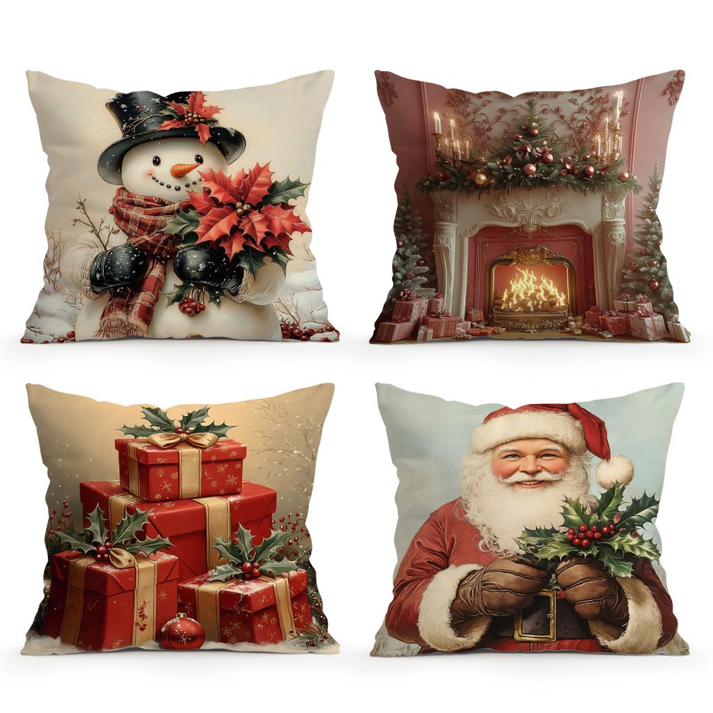 Retro Christmas Illustration Cushions Pillowcase Polyester Cushion Cover Throw Pillow Sofa Decoration Pillowcover Home Decor