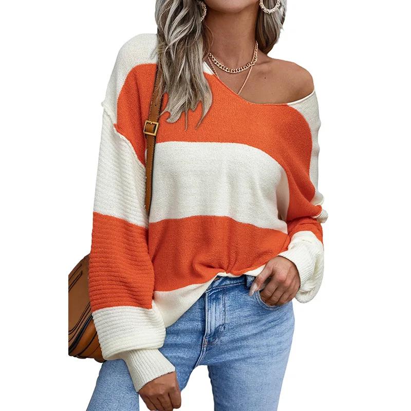 

Commuting Off Shoulder Knitted Long Sleeved Top for Women New Striped Color Blocked V-neck Sweater for Versatile For S