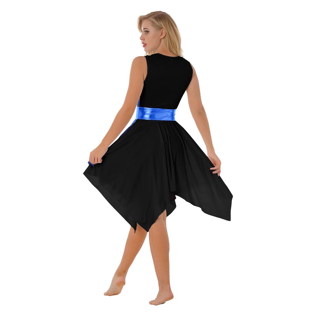 Ladies Sleeveless Color Block Dance Dress Round Neck Asymmetrical Hem Design Prom Party Performance Gown