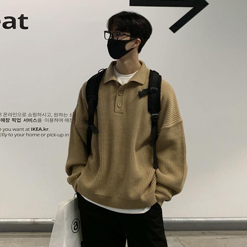 Men's Oversized Polo Collar Knit Sweater - Solid Color, Korean Style, High-Grade Lapel Sweater