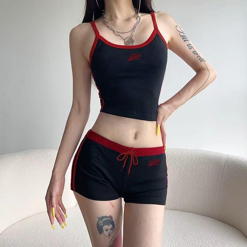 Summer Sporty Casual Two-Piece Set: Embroidered Sling Vest & Shorts for Girls