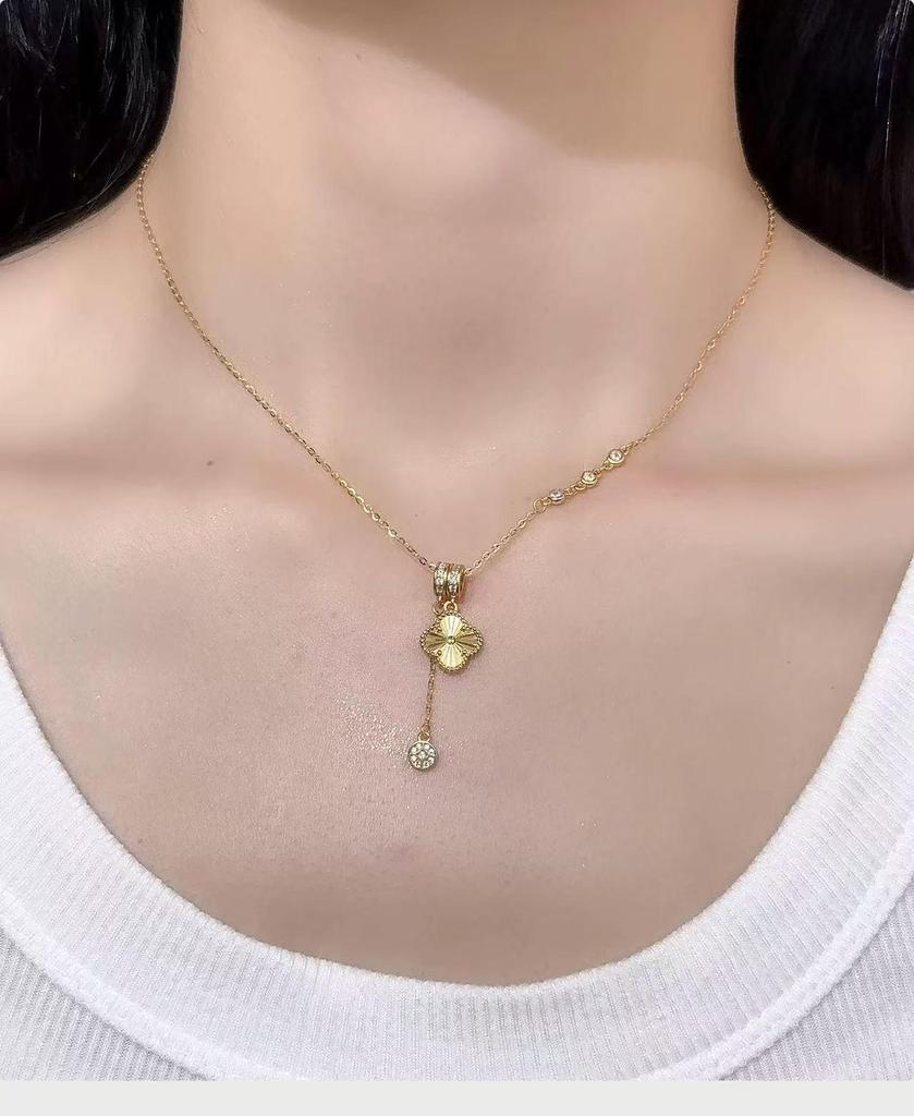 Nickel Silver-Plated Gold Lucky Clover Coin Tassel Necklace