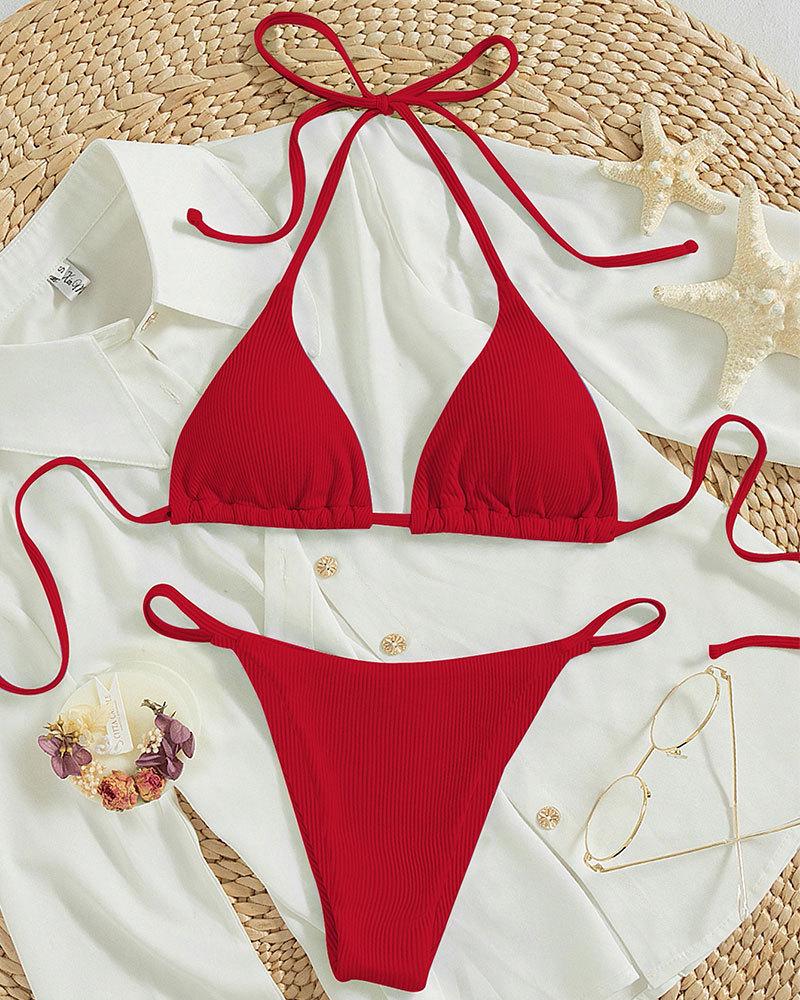 Euro-American Lace-Up Halter Triangle Bikini Set - Sexy Beach Swimsuit
