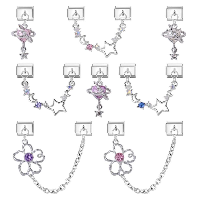 Fashion Crystal Heart Star Flower Moon Tassel Chain Pendant Italian Charm Link Fit 9mm Bracelet Stainless Steel Women DIY Making