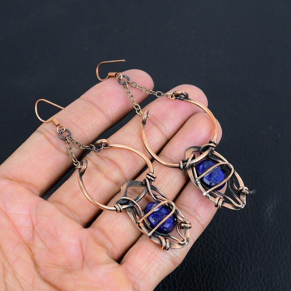 Blue Sapphire Earrings, Handmade Gemstone Earrings, 999 Copper Wire Wrapped Earrings Antique Jewelry, For Engagement Gift