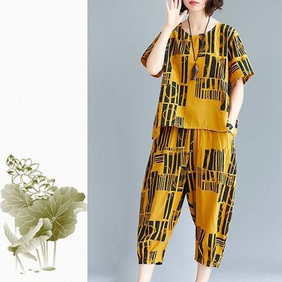 Dámský O-vý výstřih Krátký rukáv Elastický pas Kapsy Ležérní outfit Dámské Tričko s potiskem linek Široké Cropped Kalhoty Set