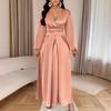 Damen Sommer Satin V-Ausschnitt Kleid Elegantes Langes Abendkleid mit Puffärmeln & Taillengürtel Fließender A-Linien Rock Atmungsaktives Elegantes Kleid