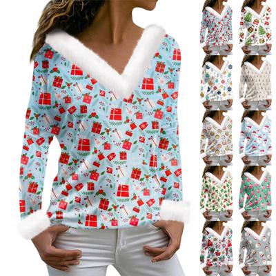 Women's T Shirt Tee Christmas Print Shirt Long Sleeve Party Fleece Collar V Neck Top