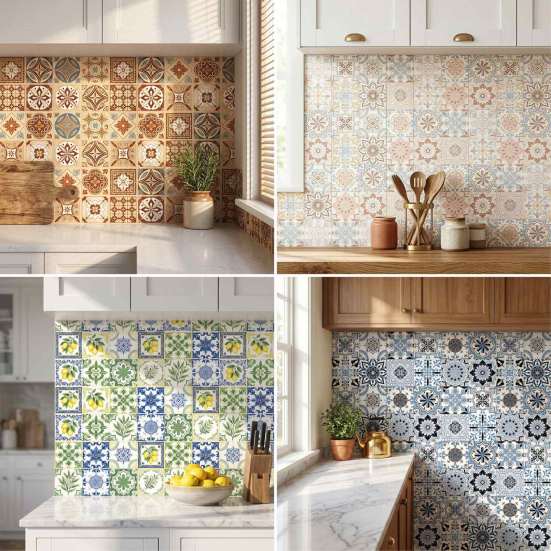 Kitchen Bathroom Wall Stickers 3Pcs 2D Retro Floral Tile Stickers, Self-Adhesive Waterproof Oil Proof Water Resistant Covers Decals, Peel &