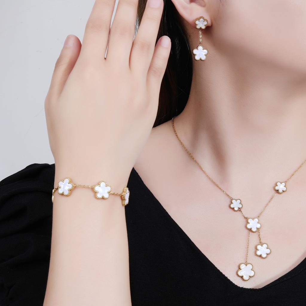 Clover Five Leaf Flower Stainless Steel Bracelet Necklace Earrings Jewelry Set Luxury for Women High Quality Party Jewelry Gift