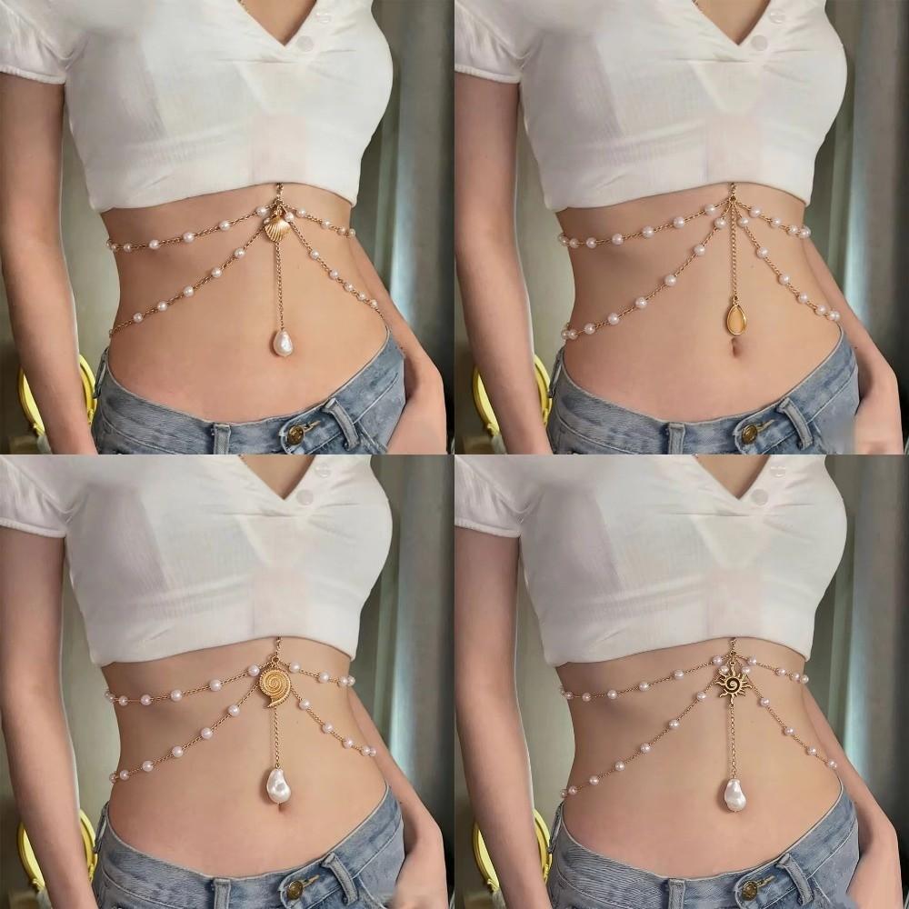 Zinc Zinc Alloy Pendant Belly Chain Pearl Boho Chest Chain Inspired Waist Chains Travel