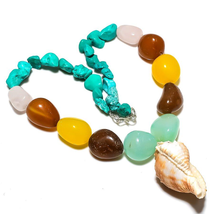 

Shell, Chalcedony handmade 925 Sterling Silver Jewelry Necklace 18 L2H74