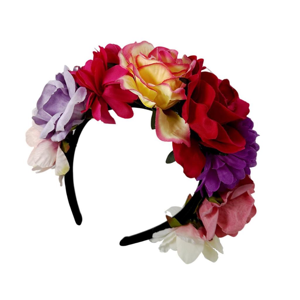 Colorful Rose Flower Headband for Music Festival Artificial Flower Wreath Hairhoop Wedding Bride Dressingup Accessory