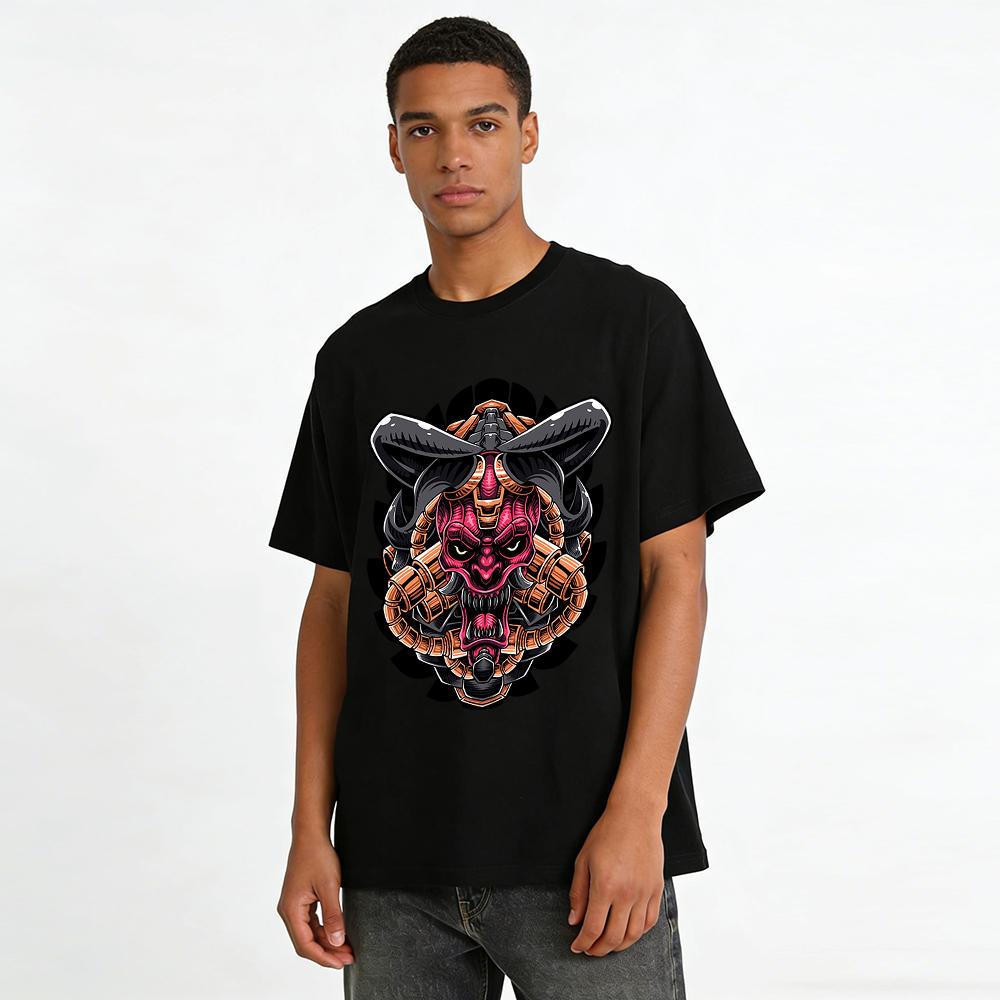 Mechanical Oni Print Trendy Cool Short Sleeve T-Shirt Pure Cotton T-shirt