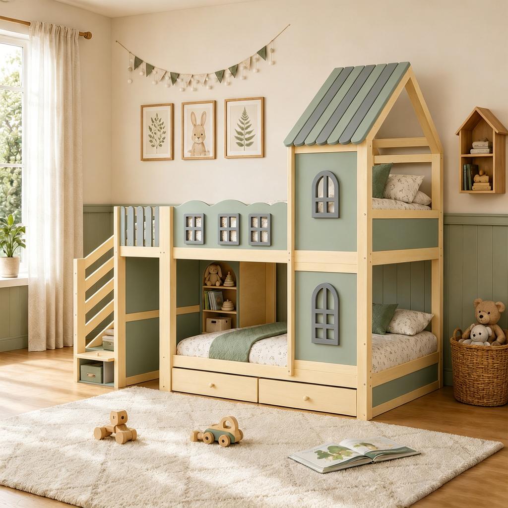 Kinderhochbett 90 x 200 cm, Wolkenförmige Bettgitter, Dach mit Fenstern, Stauraumleiter, Regale, Schubladen, Doppelbett aus Holz für Jungen, Mädchen, Grün