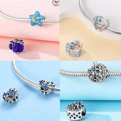 Copper Blue Zircon Heart Love Starry Sky Moon Stars Charms Beads Fit Diy Bracelet Women Jewelry Delicate Fine Gift