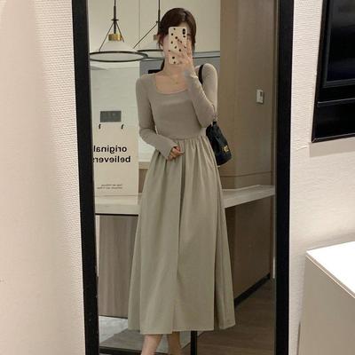 French Hepburn Style Long Sleeve Square Neck Dress for Women - Autumn High-End Inner Layer Long Skirt