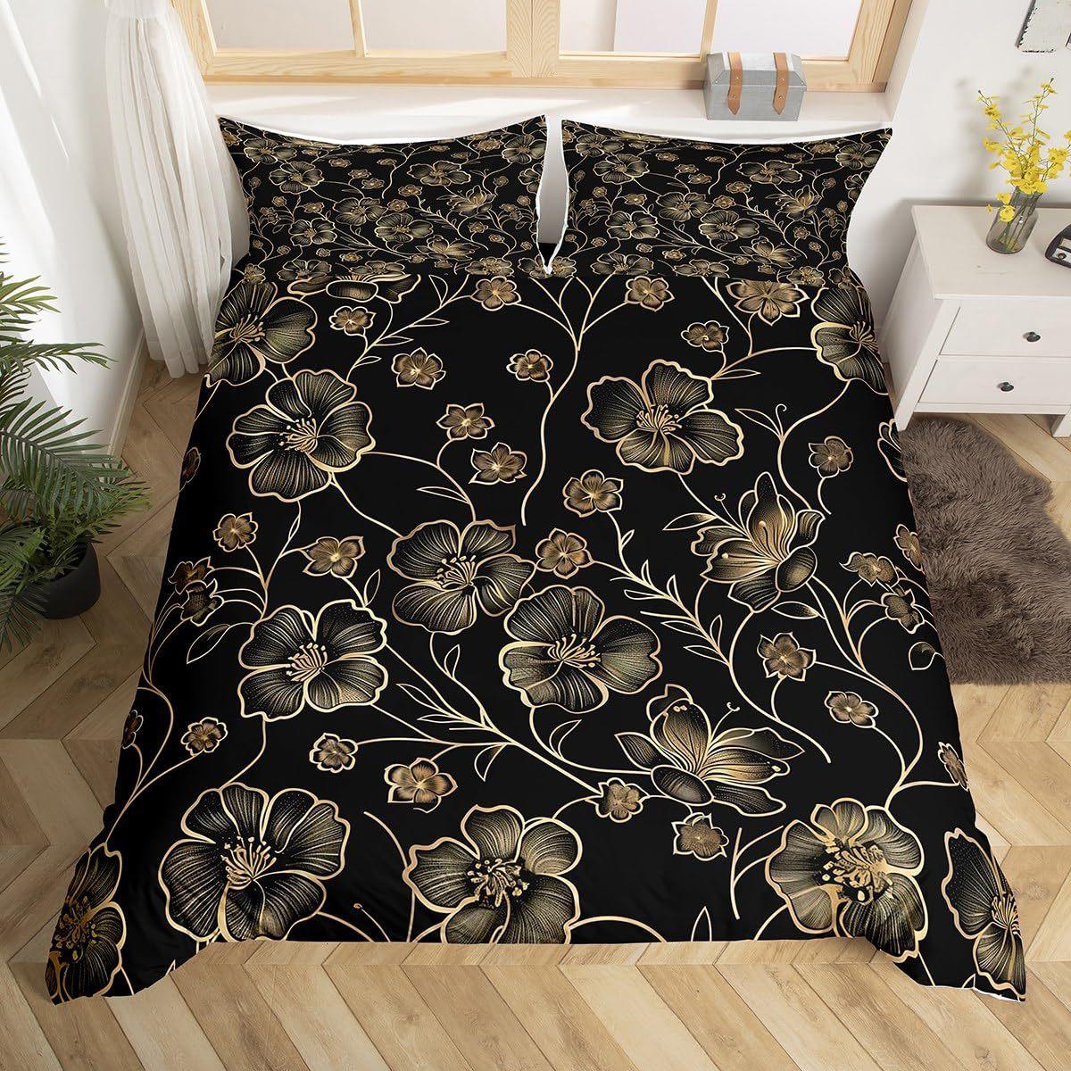 Black and Gold Floral Down Comforter Set - Bedding Set - 3 Piece Comforter Cover Set 135*200cm