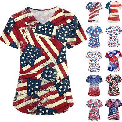 Dia da Independência Feminino Estampado Solto Decote V Bolso Manga Curta Uniforme Uniforme