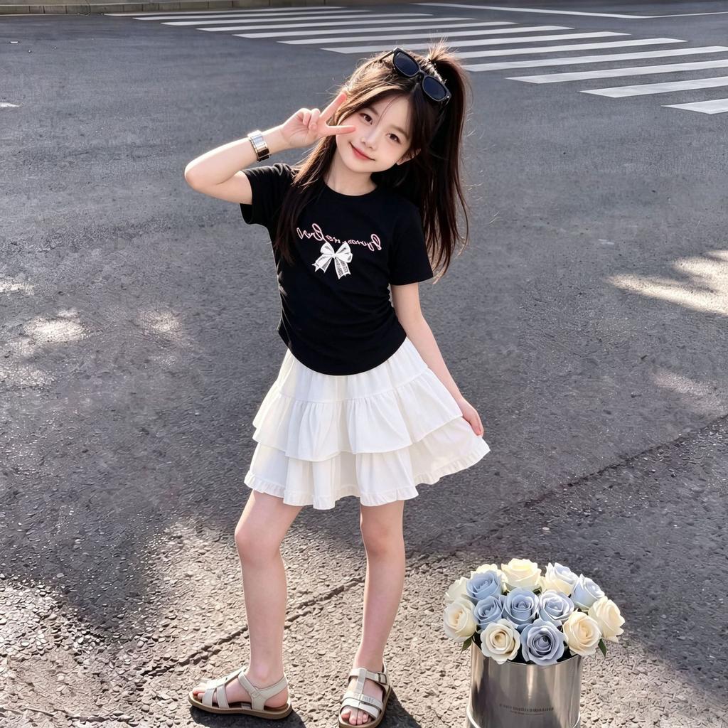 Summer Sweet Cartoon Bow Short Sleeve Two Piece Cake Dress Set