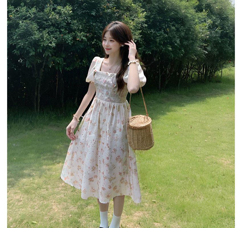 Elegant French Floral Bubble Sleeve Summer Dress