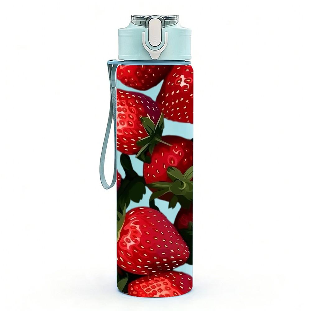 1PC Fresh Ripe Red Strawberry Fruit Print 750ml Color Plastic Sports Water Bottle Leakproof Flip Straw Lid Suitable for Sports Office Home Use