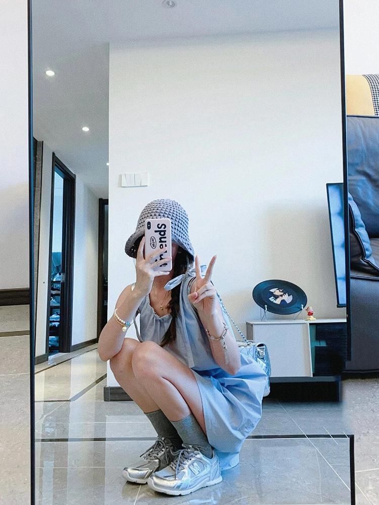 

French sweet small fresh blue sleeveless strap dress women s new summer lace-up straight short skirt S синий