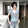 American V-neck Lace Short-sleeved T-shirt Women's Summer New Slim and Thin Drawstring Design Top Trendy