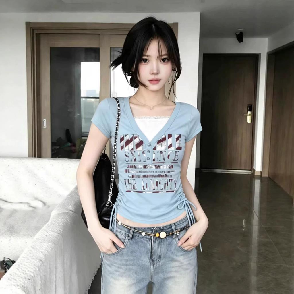 American V-neck Lace Short-sleeved T-shirt Women's Summer New Slim and Thin Drawstring Design Top Trendy