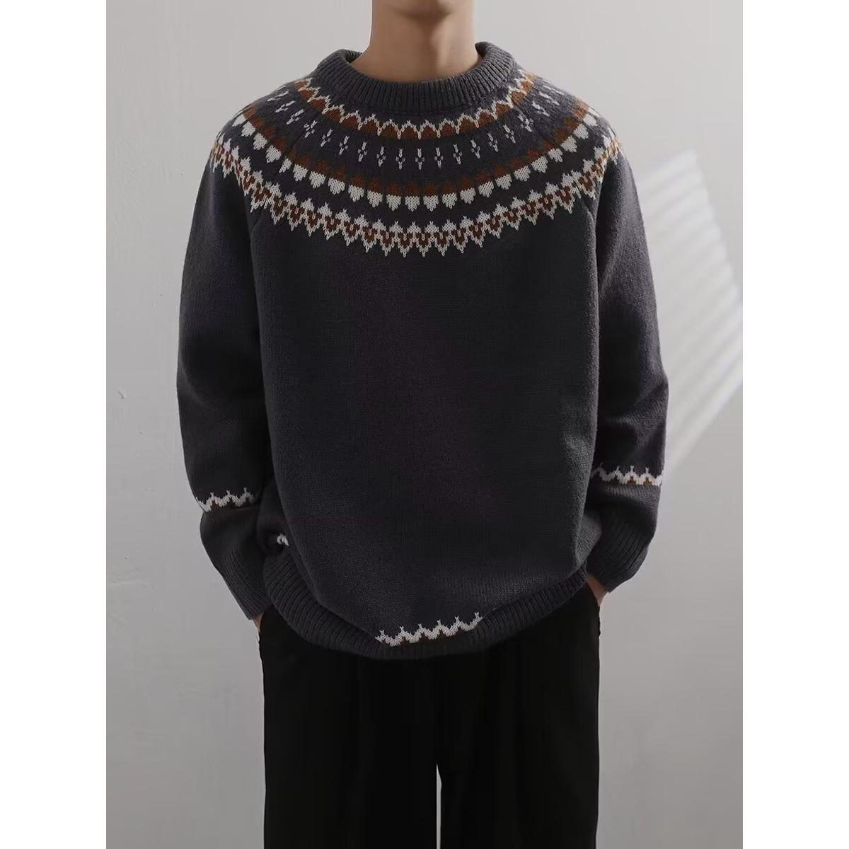 Унисекс ретро жаккардовый свитер в стиле Fair Isle - Свободный крой модный крупная вязка пуловер с длинным рукавом 3XL серый 1980₽