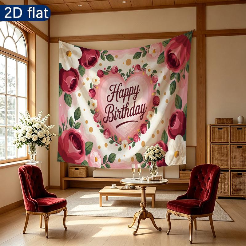 Birthday Party Roses Floral Gifts Banner, Pink Polyester Backdrop for Wall Hanging Decor