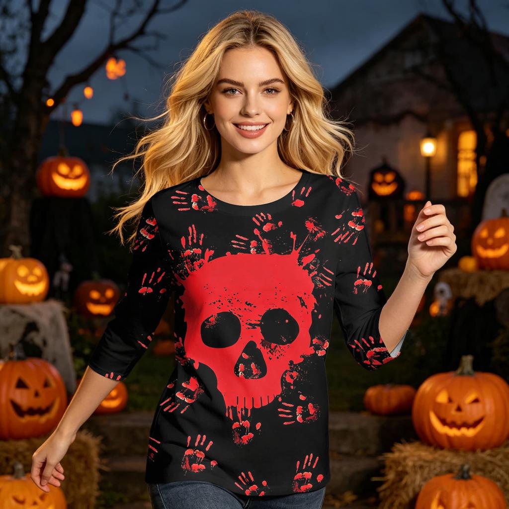 Women's Halloween Print Round Neck Three-Quarter Sleeve Blouse Top for Fall Parties