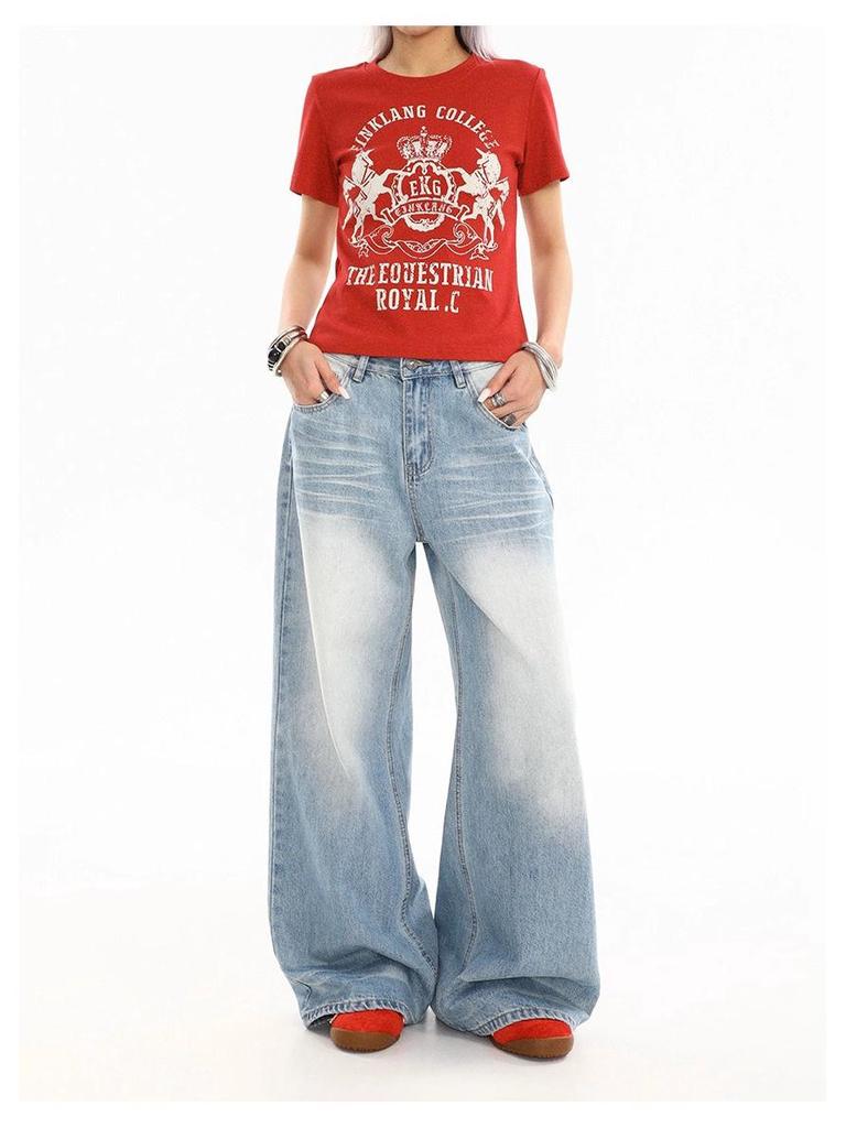 Jeans de Verano para Mujer Azul Medio Lavado Retro Desgastado Pierna Recta Pierna Ancha