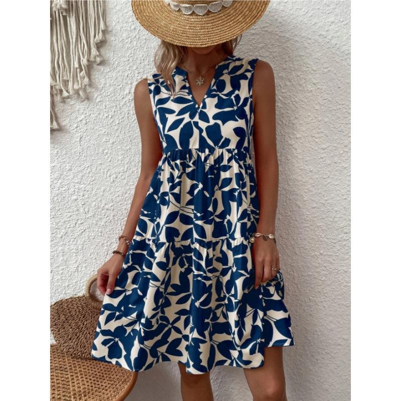 Dámské mini šaty s boho potiskem Letní elegantní bez rukávů s výstřihem do V volánové A-linie tílkové šaty Ležérní volné nadměrné plážové párty letní šaty