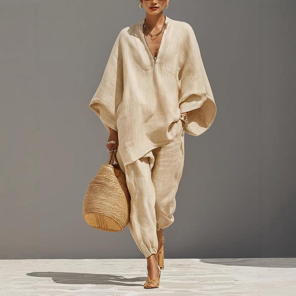 Women's V Neck Batwing Sleeve Pocket Loose Shirt And Elastic Cuff Jogger Pants Two Piece Linen Look Casual Set