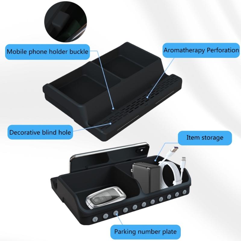 Multifunctional Non Slip Car Dashboard Phone Mount Holder Rack with Parking Number Plate Organizer Storage Box Container