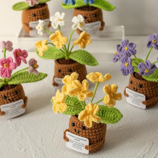 Heklet potteplante med positivt kort Emosjonell støtte Håndlaget strikket potteplante Dukke Stressreduserende leketøy Skrivebordsdekorasjon Ornament