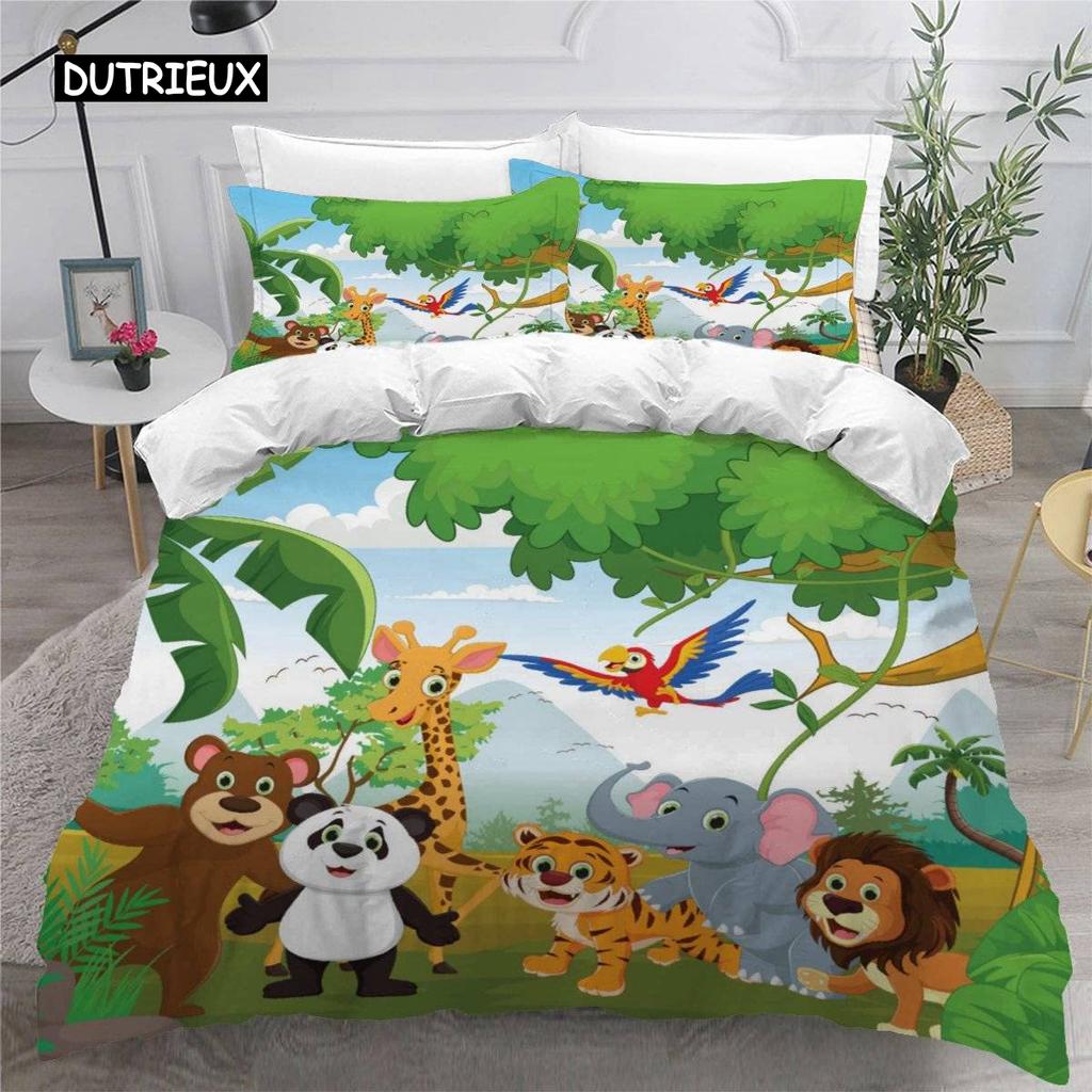 Cartoon Zoo Duvet Cover 3D Forest Animal Bedding Set for Kids Girls Soft Microfiber Quilt Cover with Zipper Closure
