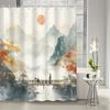 1pc Chinese-style landscape shower curtain with red sun and birds, bathroom decor, includes hooks, home accessory