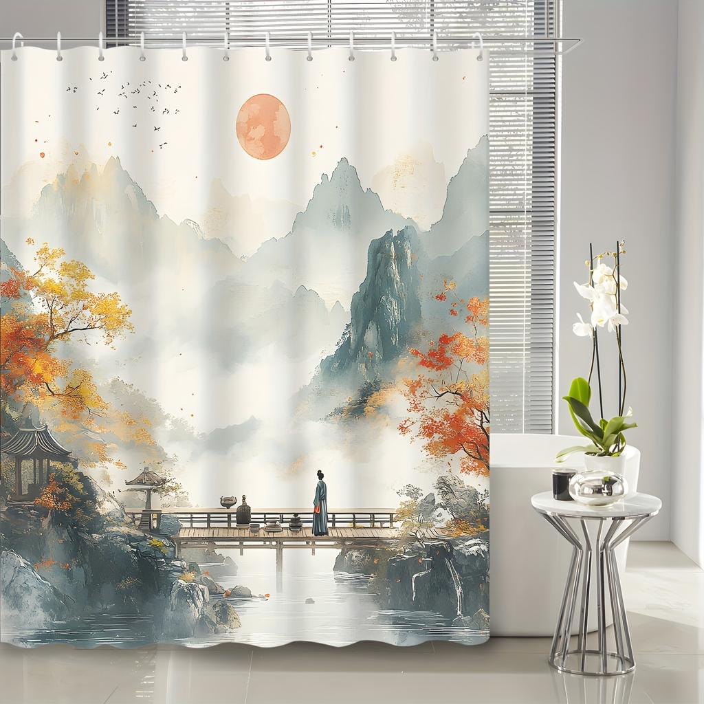 1pc Chinese-style landscape shower curtain with red sun and birds, bathroom decor, includes hooks, home accessory