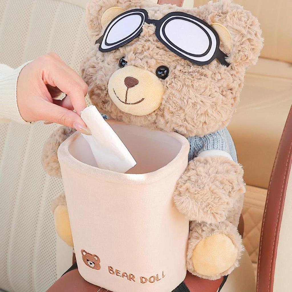 2-in-1 Cartoon Bear Plush Tissue Holder &Trash Can Car Tissue Holder Vehicle Plush Trash Can Creative Car Armrest Storage Bucket