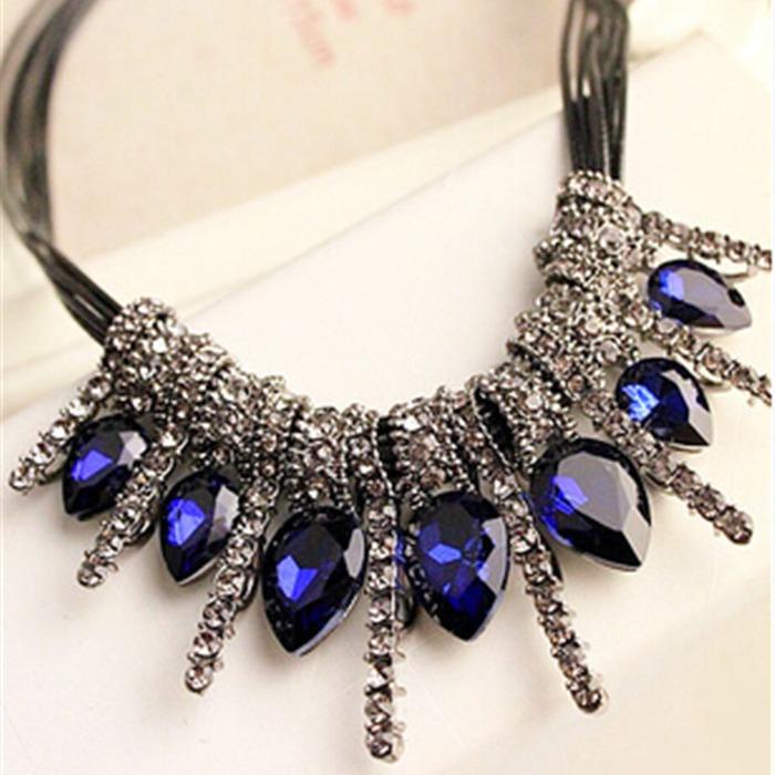 Fashion Sweet Rhinestone Water Drop Leather Rope Necklace Zircon Crystal Clavicle Chain Sweater Chain Women'S Jewelry